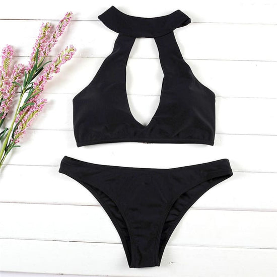 Image Title Collared Two-Piece Black Bikini Top & Bottom